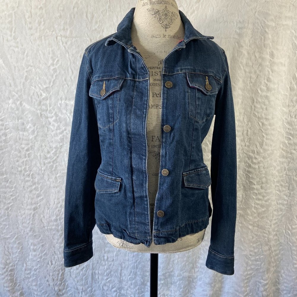 Eddie Bauer Dark Wash Denim Plaid Flannel Lined Fitted Slim Jean Jacket Size M